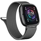 Vanjua Metal Band for Fitbit Sense 2 / Sense Bands, Fitbit Versa 4 / Versa 3 Bands Women Men, Stainless Steel Mesh Magnetic Replacement Bracelet Strap (Large, Black)