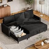Vongrasig Convertible Sleeper Sofa, Pull Out Couch with Storage, 77" L-Shaped Sofa Bed with Storage Chaise Linen Fabric for Living Room, Apartment, Small Space, Black