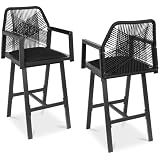 Best Choice Products Outdoor Bar Stools Set of 2, Bar Height, 360° Swivel Aluminum Frame, All-Weather Woven Rope Chair Design w/Armrests - Black/Obsidian