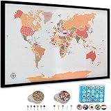 World Map Pin Board Large 30"x20" Framed | Colored Cork Wall Map with Country Flags, Metallic & Colored Pins | World Travel Map with Pins | Unique Push Pin Map Gift for Travelers, Couples & Families. (Multicolor)