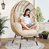 LUTINLIX Oversized Wicker Egg Chair Outdoor Indoor,Patio Lounge Chair with Thicken Cushions, Egg Reading Chair 500lbs Capacity for Garden, Backyard, Porch (Beige-Regular, 1pcs)