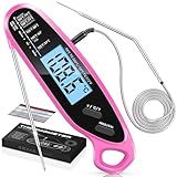 Vuwwey Instant Read Meat Thermometer Digital for Cooking & Grilling with Dual Probe, Big Backlit Screen & Auto-Calibration, Food Thermometer for Grill, Smoker, BBQ, Oven, Candy, Oil Fry - Pink