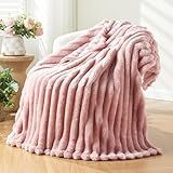 NEWCOSPLAY Super Soft Throw Blanket Pink Premium Silky Flannel Fleece 3D Ribbed Jacquard Lightweight Bed Blanket All Season Use (Pink Ribbed, Throw(50"x60"))