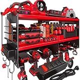 Spampur Power Tool Organizer with Charging Station, 6 Drill Holders Wall Mount, Heavy Duty Metal Premium Garage Tool Shelf, Gift for Man Cordless Tool Storage Rack with 4 Outlet Power Strip - Red