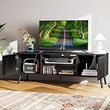 Sweetcrispy TV Stand for 55 60 inch TV, Modern Mid Century Entertainment Center with Storage, Media Console Table 2 Cabinet, Soft Hinge, Handle Door, Wooden Living Room, Office Furniture, Black