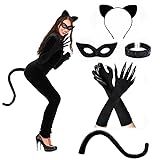 Yeweian Halloween Cat Costume Accessories for Women, 5PCS Cute Black Cat Mask Ears and Tail Set, CatClaw Gloves Necklace for Adults Party Masquerade Cosplay