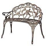 VINGLI 38.5" Patio Park Garden Outdoor Metal Rose Bench, 2-Person Cast Iron Cast Aluminium Frame Antique Finish Chair,Accented Lawn Front Porch Path Yard Decor Deck Furniture (Bronze, Rose)