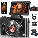 4K Digital Camera for Photography with WiFi,64MP Autofocus 3'' 180° Flip Screen 16X Zoom Vlogging Camera for YouTube, Compact Travel Camera for Beginners, Anti-Shake, 32GB Card, 2 Batteries, Black