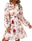 PRETTYGARDEN Women's Fall Boho Dresses 2026 Floral Long Sleeve V Neck Mini Flowy Wedding Guest Dress Trendy Vacation Outfits (Floral Pink Multicolored,Medium)