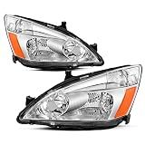 JSBOYAT Headlight Assembly Replacement for 2003-2007 Honda Accord Halogen Headlamp Chrome Housing with Amber Reflector (Driver & Passenger Side)