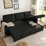Walsunny 77" Sectional Sleeper Sofa with Pull Out Bed, Modern L-Shaped Corduroy Convertible Couch with Storage Chaise, Reversible Sofa Bed for Small Spaces, Apartment, Office, Black