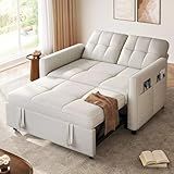 DWVO 55" Convertible Sofa Bed, 3-in-1 Sleeper Sofa with Pull-Out Bed, Linen Futon Couch with Adjustable Backrest and Side Pocket, Modern Loveseat for Living Room Apartment, Light Beige