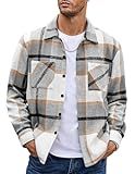 COOFANDY Mens Flannel Shirt Casual Fall Shacket Long Sleeve Plaid Shirt Overshirts Light Gray
