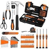 GETFOO 58-Piece Tool Kit Basic Home Repair Tool Set, General Household Hand Tool Kit,Small Tool Kit with Plastic Toolbox Mini Tool kit for Women, Office & College Repairs Orange