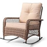Outvita Outdoor Wicker Rocking Chair, Patio Rattan Rocker Chair w/Cushions & Steel Frame, All-Weather Rocking Lawn Wicker Furniture for Garden Backyard Porch Deck (Beige)
