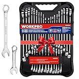 WORKPRO 32-Piece SAE & Metric Combination Wrenches Set, 20-Piece Standard wrenches and 12-Piece Stubby Wrenches with Organizer Tray, Cr-V Steel Mirror Chrome Polished