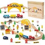 60Pcs Train Set for 3 Year Old Boys, Double-Side Wooden Train Set Tracks for Toddlers, Fits Brio, Thomas, Melissa and Doug, Kids Wood Train Toys for 3 4 5 Year Old Boys and Girls (Yellow)