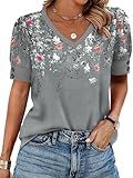 Womens Blouses Dressy Casual Short Sleeve Shirts Spring Business Work Floral Summer Tops Plus Size Fashion Clothing V Neck Tshirts Grey 2XL