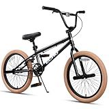 cubsala 20 Inch Beginner BMX Bike for Kids & Teens, High Tensile Steel Frame, 4 Pegs, Rear U-Brake, 85% Pre-Assembled, Unisex BMX Bicycle for Outdoor Riding, Black Frame with Brown Tires
