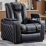 CANMOV Electric Power Recliner Chair with Ambient Lighting, Faux Leather Dual Motor Power Home Theater Seating with Adjustable Headrest, Hidden Arm Storage,Cup Holders,USB Ports (Single, Black)
