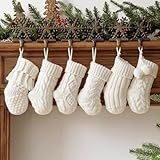Rustic Mini Knitted Christmas Stockings: 6 Pack 9 Inch Beige Cable Knit Fireplace Stockings, Farmhouse Boho Style Cozy Handmade Hanging Xmas Stocking Decorations for Family Holiday Décor, Cream White