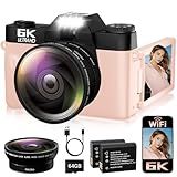 6K Digital Camera for Photography Autofocus, 64MP WiFi Vlogging Camera for YouTube with 3" 180° Flip Screen 16X Zoom, 64GB SD Card & 2 Batteries Pink Compact Travel Camera for Beginners Teens