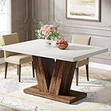 Tribesigns 47-Inch Dining Table for 4, White Kitchen Dinner Table with Heavy Duty Pedestal, Farmhouse Wooden Eating Table for Home, Dining Room, Small Space, White & Brown