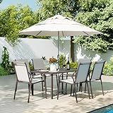 HAPPATIO Outdoor Patio Dining Set, 6 Quick Dry Textilene Dining Chairs and Dining Table with Umbrella Hole, Stackable Textilene Chairs for Garden, Patio and Poolside Backyard,Light Grey