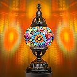 Marrakech Turkish Table Lamp with Bronze Base，Handmade Colorful Moroccan Tiffany Style Mosaic Glass Night Stand Light Fixture Including LED Bulb for Living Room Bedroom Decor (Multi-Colored)