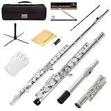 Mendini By Cecilio Flute, 16 Keys C Flute Instrument Closed Hole For Beginners with Carrying Case, Cork Grease, Stand, Lesson Book, Cleaning Kit, Gloves (Silver Nickel)