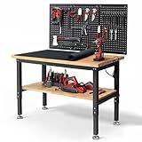 ENJOYWOOD 48 Inch Work Table for Garage Adjustable Height Rubber Wood Tabletop Workbench with Storage Work Bench Table with Power Outlets Pegboard Pad for Woodworking Shop Home Office