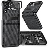 Caka Galaxy Z Flip 3 5G Kickstand Case, Carbon Fiber Black, Camera Protector, Hinge Protection, Wireless Charging Compatible