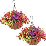 Hananona 2 Set Artificial Outdoor Flowers with Hanging Basket, 2 Hanging Planters with 24 Pcs Flowers for Spring Summer Front Porch Garden Patio Home Decor (2, Red, Purple, Yellow, Rose Red)