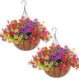 Hananona 2 Set Artificial Outdoor Flowers with Hanging Basket, 2 Hanging Planters with 24 Pcs Flowers for Spring Summer Front Porch Garden Patio Home Decor (2, Red, Purple, Yellow, Rose Red)