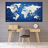 World Map XXL 51 x 28 inches in 'Error Blue', Fleece Wall Hanging as Travel Pin Board in Modern Wall Art Design, 20 Flag Push Pins Included
