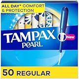 Tampax Pearl Tampons Regular Absorbency, With Leakguard Braid, Unscented, 50 Count (Packaging May Vary)