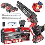 Mini Chainsaw Cordless, 6 inch Small Electric Chainsaw Battery Powered, Handheld Mini Chain Saw with 2 Batteries&2 Chains, Hand Saws for Branch Wood Cutting Tree Trimming (UPGRADED VERSION), Red