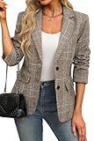 ELLEVEN Womens Casual Plaid Blazer Lapel Collar Double Button Long Sleeve Boyfriend Blazer Suit Houndstooth Plaid Blazer Jacket Business Work Office Blazer Suits Brown Plaid Medium
