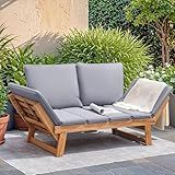 Devoko Outdoor Couch Acacia Wood Patio Couch with Adjustable Armrests, Outdoor Convertible Sofa with Removable Cushions & Pillows for Patio, Porch, Poolside(Grey)
