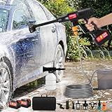 Battery Portable Pressure Washer, Powered Cordless Power Washer (21V 4000mAh Battery) with Brushless Motor, 6-in-1 Nozzle, 3 Power Levels, 23FT Drain Hose, for Car,Patio, Floor, Fence, Deck Cleaning