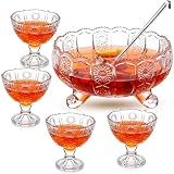 LemonRoad Crystal Glass Punch Bowl Set 1 Large Glass Punch Bowl with Ladle and 4 Cups for Party Wedding Serveware Centerpiece Table Decoration 9.5" x 5.5"(Vintage Style)