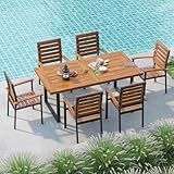 WiberWi 7 Piece Outdoor Dining Set for 6, Acacia Wood 59.1" Patio Table and Chairs Set with Metal Frame, Patio Dining Furniture Set for Garden, Balcony, Backyard, Poolside, Brown & Black