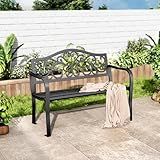 MFSTUDIO 43.7 Inches Outdoor Garden Bench, Cast Iron Metal Frame Patio Park Outside Benches with Floral Pattern Backrest for Front Porch, Black, Camelback