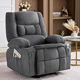 Rocker Recliner Chair with Massage and Heat, Nursery Rocking Chairs for Living Room, Comfy Relining Chair with Cup Holders, USB Charge Port, Side Pockets, Ergonomic Single Sofa, Grey