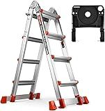 HBTower A Frame 4 Step Extension Ladder, 17 Ft Multi Position Ladder with Removable Tool Tray and Stabilizer Bar, 330 lbs Capacity Telescoping La dder for Household and Outdoor Work (Orange, 17Ft)