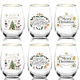 CHLJAR 20OZ Christmas Wine Glasses Cups Set, 6pack - Merry Christmas Designs with Gold Rim, Thoughtful Gift for Family & Friends, Ideal for Holiday Parties & Winter Celebrations