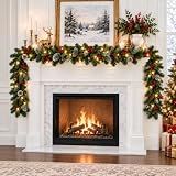 9FT Christmas Garland with Lights, Pre-Lit Lighted Christmas Decorations for Mantle Fireplace Table Stairs,Winter Indoor Outdoor Xmas Home Decor,Realistic Cedar Pine Garlands with Pinecone Berries