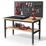 ENJOYWOOD Work Table for Garage 60 Inch Workbench with Storage Adjustable Height Rubber Wood Tabletop Work Bench with Power Outlets Pegboard Pad for Cutting Wood Shop Woodworking Home Office