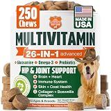 Dog Vitamins and Supplements 250 Chews - 26 in 1 Dog Multivitamin Soft Chews with Glucosamine, Chondroitin, Probiotics, Omega 3 - Hip & Joint, Skin & Coat, Immune Support - Chicken Flavor