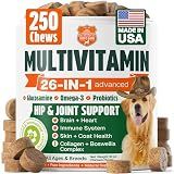 Dog Vitamins and Supplements 250 Chews - 26 in 1 Dog Multivitamin Soft Chews with Glucosamine, Chondroitin, Probiotics, Omega 3 - Hip & Joint, Skin & Coat, Immune Support - Chicken Flavor
